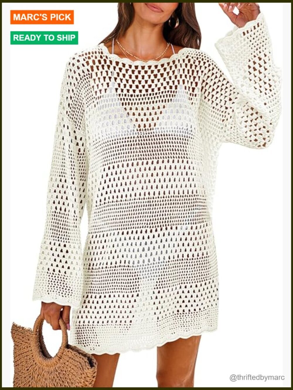 Crochet Swim Cover Up Beach Dress Long Sleeve Sheer Mesh Knit Mini Swimsuit
